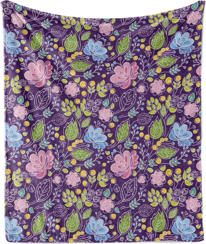 ABAKUHAUS Coperta in morbido pile di flanella con motivi floreali, tema naturale fiori e foglie con bacche gialle in stile botanico, 175 x 230 cm, blu mare verde linda viola
