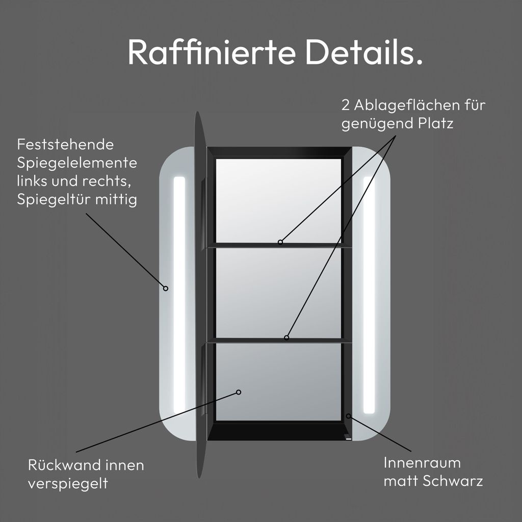 LED Spiegelschrank 60x70 cm, Alukorpus schwarz, 2 Ablagen, Produktbild 