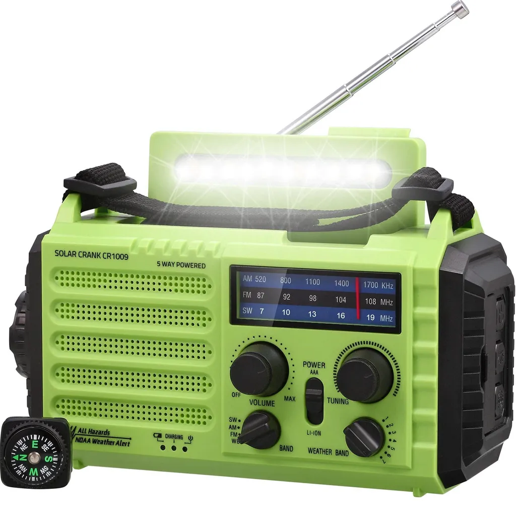 Radio Solaire 5000mAh à Manivelle USB-C avec Lampe de Lecture et Boussole