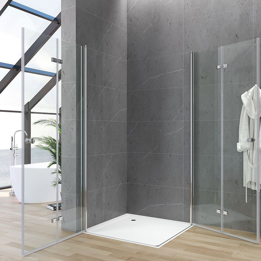 AQUALAVOS Eckeinstieg Drehfalttür 100x80x187cm Klarglas Chromoptik Hebe-Senk-Funktion