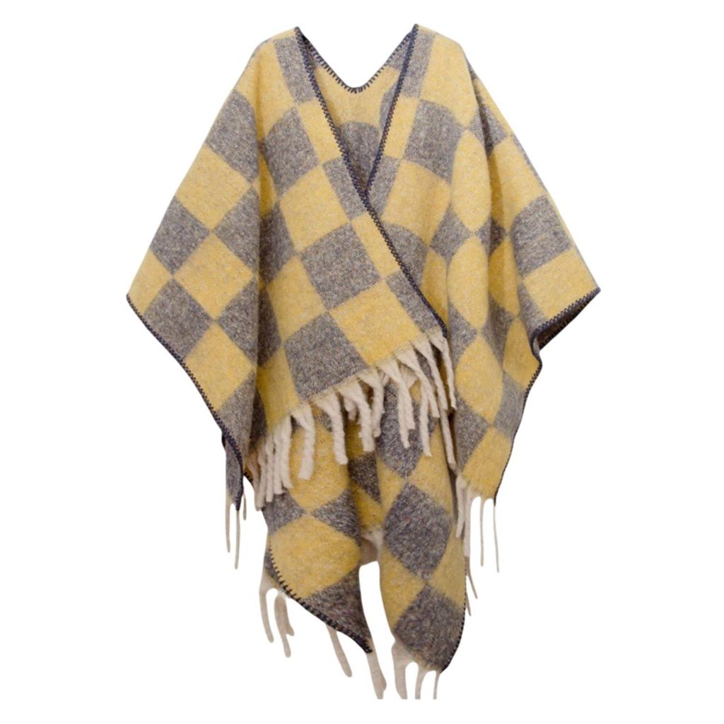 Winter Schal Damen, Warm Übergroße Schal mit Quasten, Karierte Schals, Elegant Poncho, 165x125cm, Gelb
