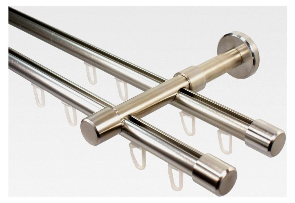 Gardinenstange mit Innenlauf 2-läufig 16 mm Durchmesser Edelstahl Farbe Wandmontage Innenlaufstange aus Metall Endstück Kappe, 240 cm (2 x 120 cm)