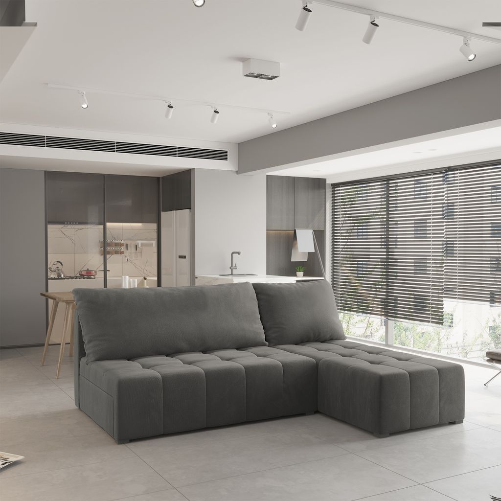 Masseno Ecksofa DOMIRA mit Schlaffunktion L-Form, Sofa mit Bettkasten, Wohnzimmersofa, Couch, Soffa, Bettsofa, Couchgarnitur- Grau, KRONOS 15