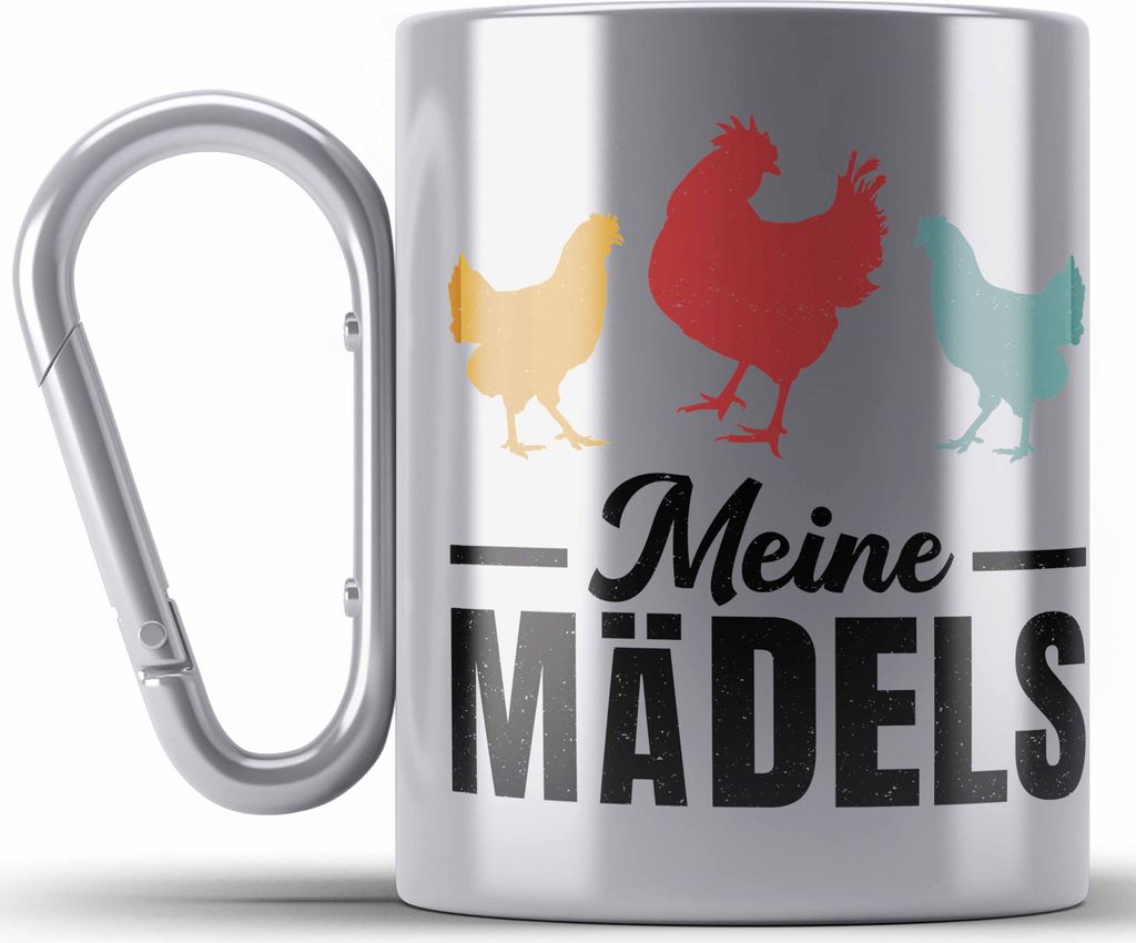 Trendation - Meine Mädels Edelstahl Tasse Karabiner Geschenk Spruch Hühner Bauer Bäuerin Landwirt Geschenkidee (Silber)