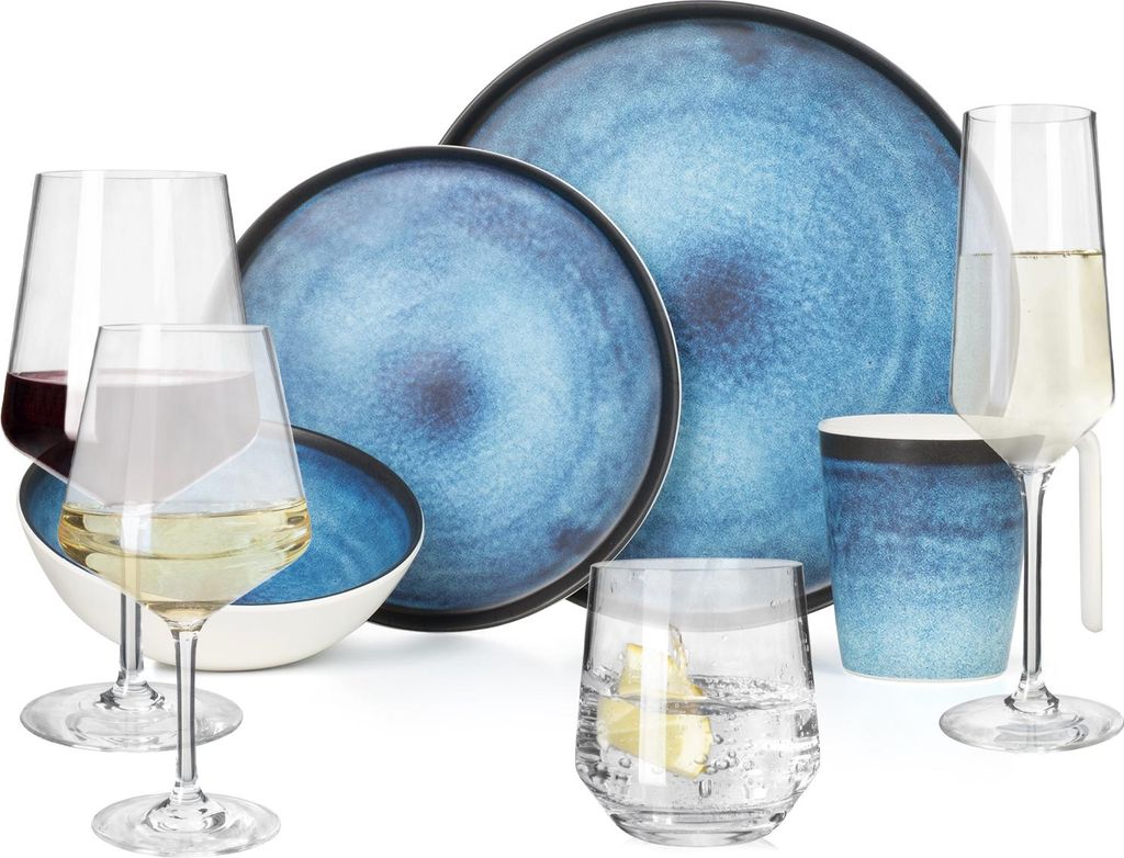 Melamin Camping Geschirr Set 4 Personen Deep Ocean + 16 Milano Gläser Wassergläser Weingläser Champagner-Gläser Flûtes Tafelgeschirr Picknick ...