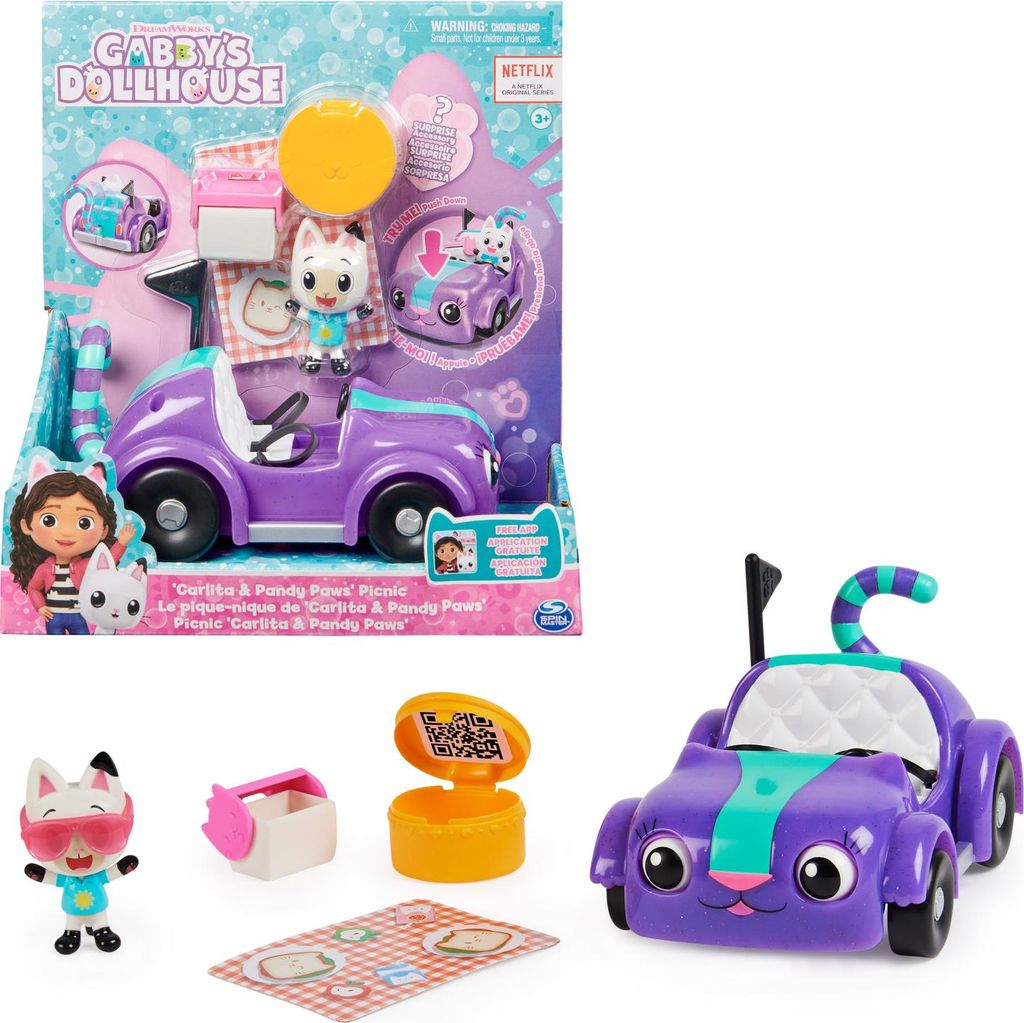 Gabby's Dollhouse Carlita & Pandy Paws Picnic toy set in its packaging, with additional accessories shown separately.