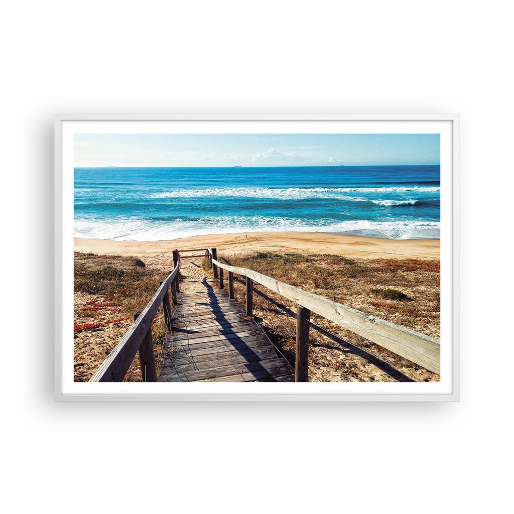 Gerahmtes Poster - Weißer Rahmen - Meer Strand Eintritt - 100x70 cm - Wand Bild - Wanddeko - Wandbilder - Kunstposter - Wandposter - Bilderrahmen ...