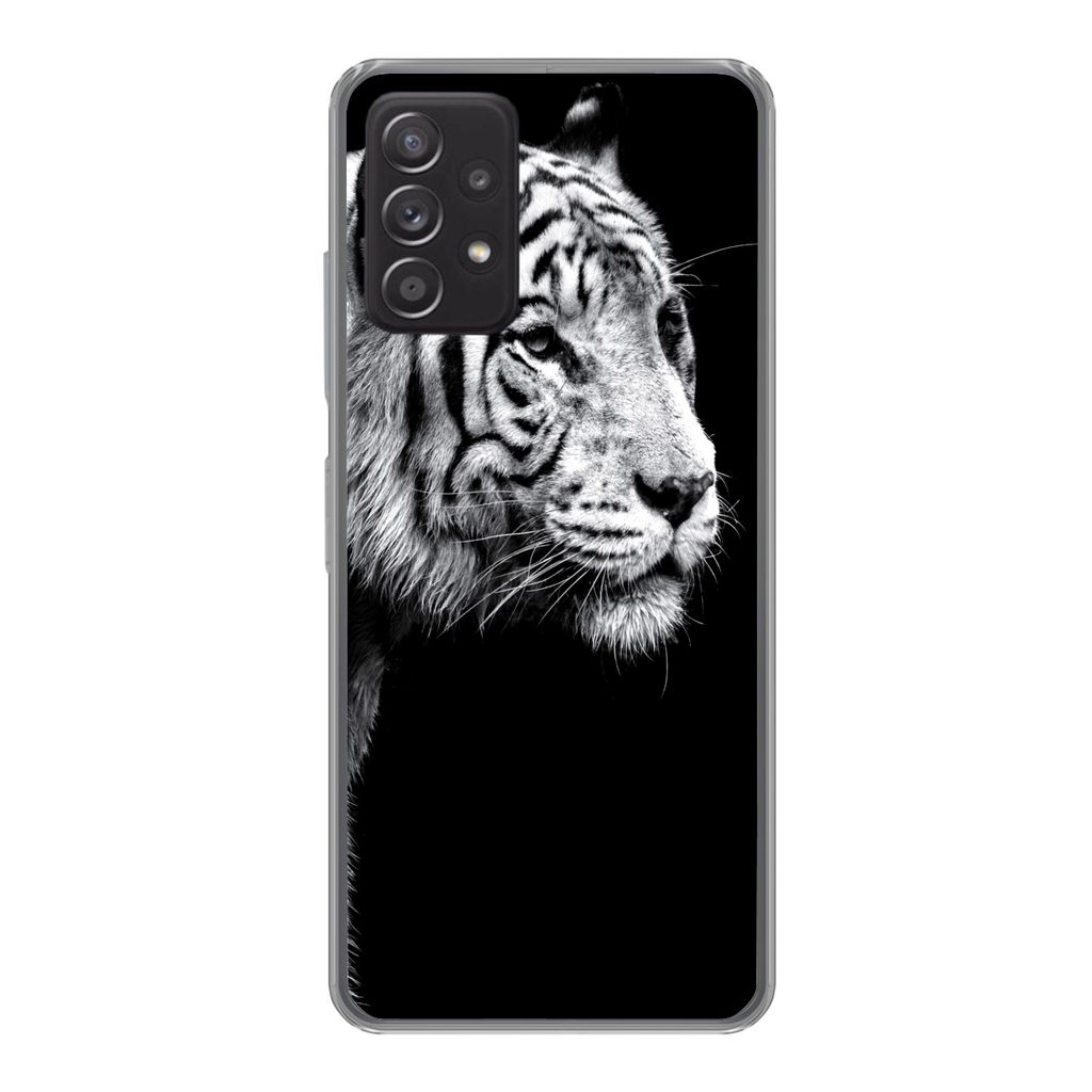 MuchoWow Handyhülle Schutzhülle Hülle für Samsung galaxy a73 Studioaufnahme eines weißen Tigers auf schwarzem Hintergrund Silikon Softcase H...