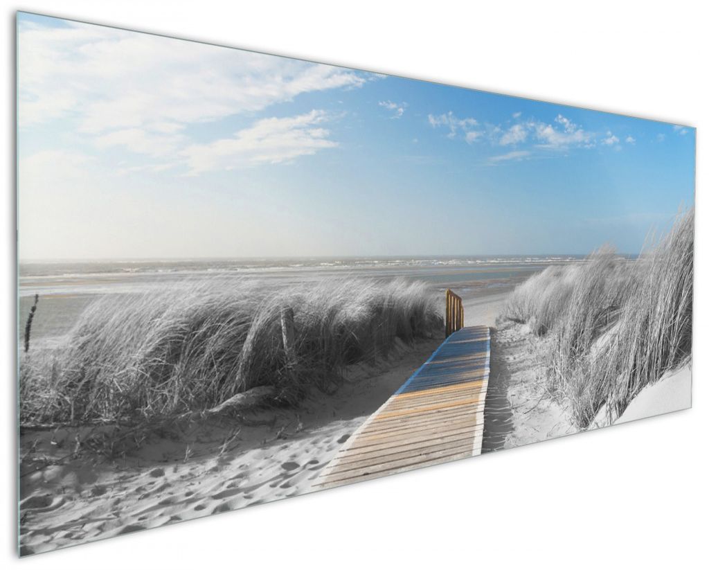 Wallario Küchenrückwand aus Glas, Größe: 125 x 50 cm, Motiv: Auf dem Holzweg zum Strand in schwarz-weiß Optik | Spritzschutz | abwischbar | pf...