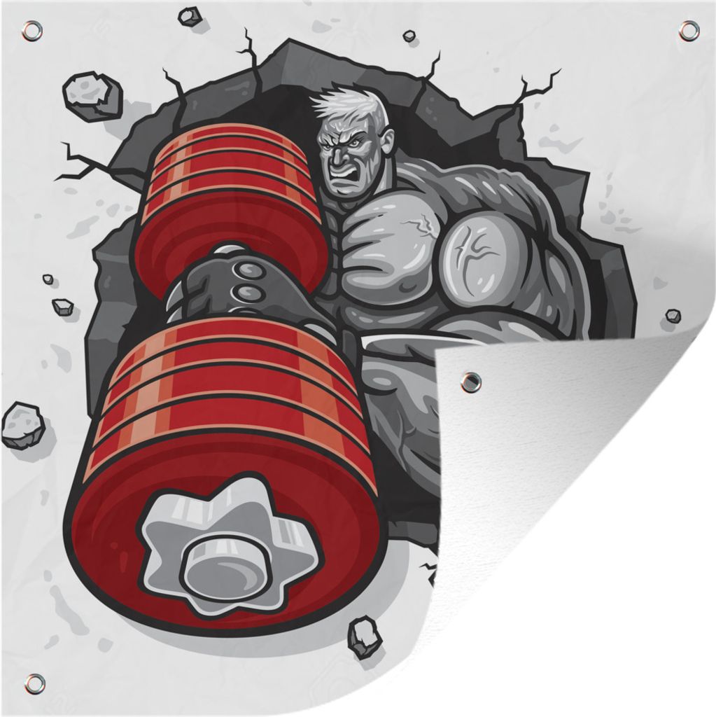 MuchoWow 100x100 cm Outdoor-Poster Gartendeko Sichtschutz Garten Poster für den Garten Eine Illustration eines Bodybuilders mit einer roten Hantel