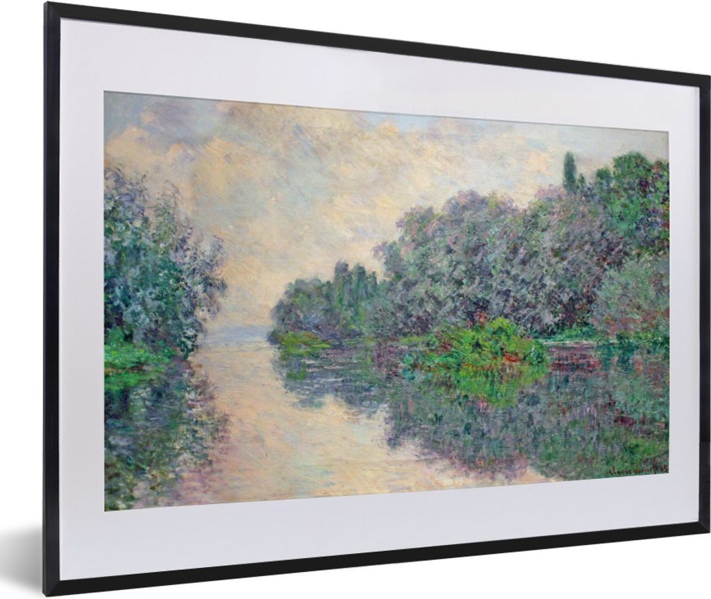 MuchoWow Gerahmtes Poster Morgen an der Seine bei Giverny - Gemälde von Claude Monet 60x40 cm - Poster mit Schwarzem Bilderrahmen Wandposter Rah...