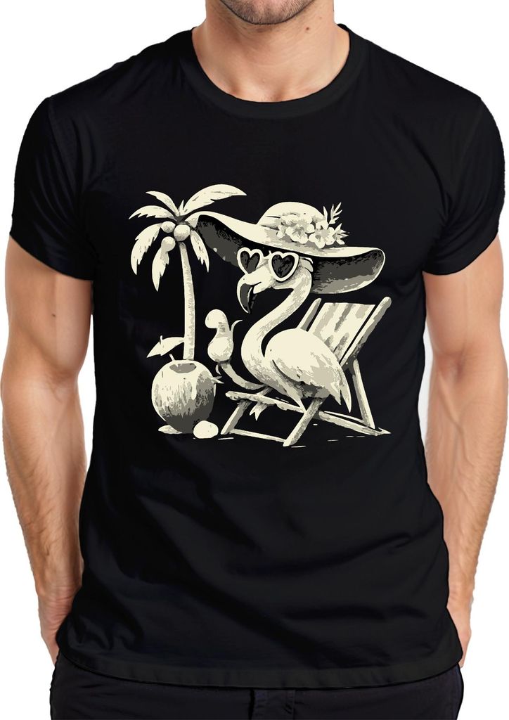 Flamingo Sommer Tropisch Strand Palme Kokosnuss Sonnenhut Herz Herren T-Shirt, Schwarz, L