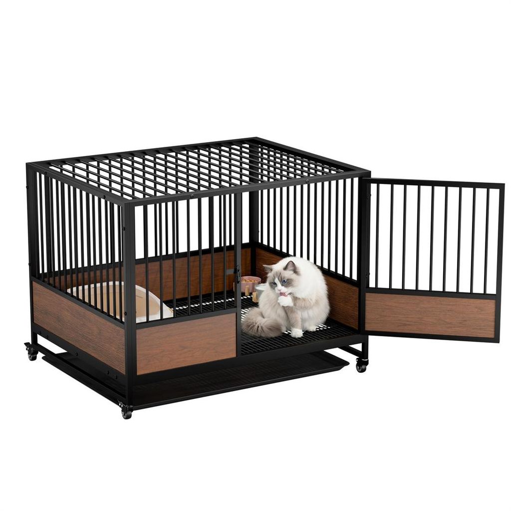 WISFOR Katzenkäfig rollbar, Katzengehege mit Bodenschale, Hundekäfig mit Türen, Stapelbares Katzenkäfig