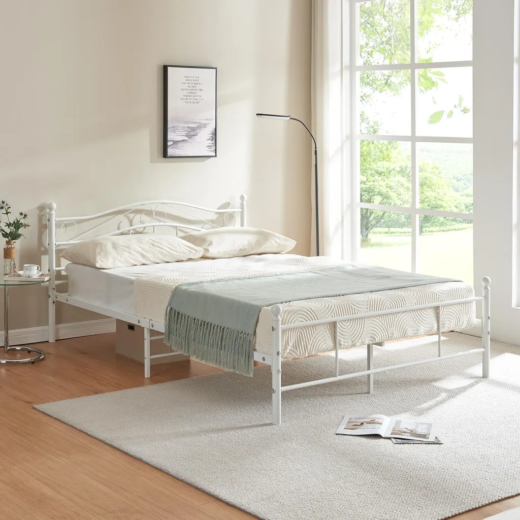 Lit en métal Florence 140x200cm blanc avec sommier à lattes inclus