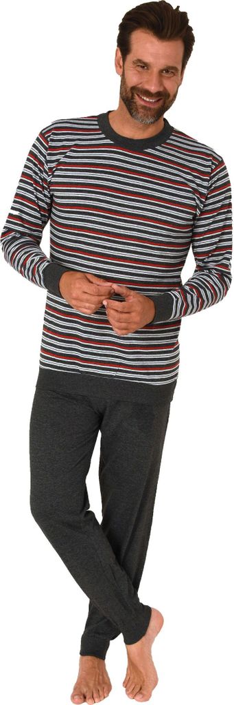 Normann Herren langarm Schlafanzug mit Bündchen Pyjama in Streifenoptik ; grau/rot , 50