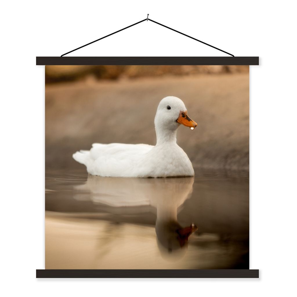 MuchoWow Textilposter Ente - Vogel - Wasser - Weiß 90x90 cm mit schwarzem Rahmen - Magnetisches