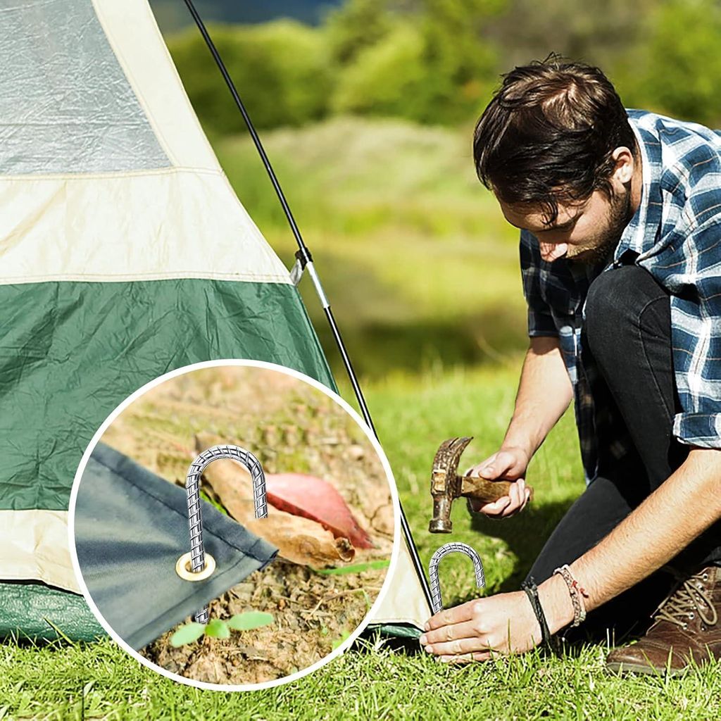 6 Stück verzinkte Bodenanker-Heringe - 30 cm J-förmig - stabile Zelt-Heringe - Stahl-Trampolin-Befestigung - Camping-Zelte Vordächer Outdoor