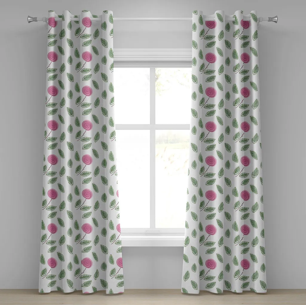 Rideaux décoratifs à 2 panneaux fleurs roses et feuilles vertes