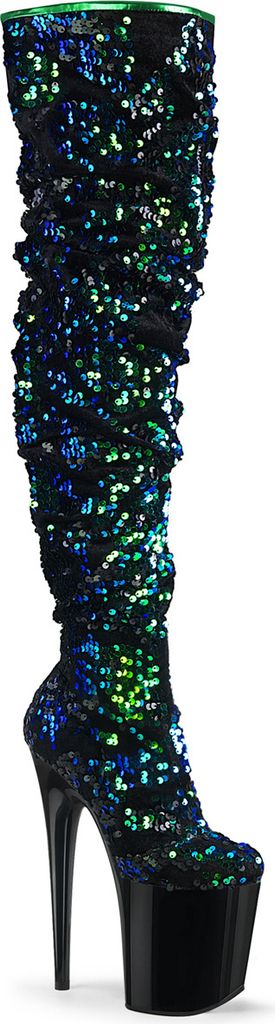 Pleaser FLAMINGO-3004 Plateau Stiefel Grün Iridescent Pailletten - Schwarz EU 37