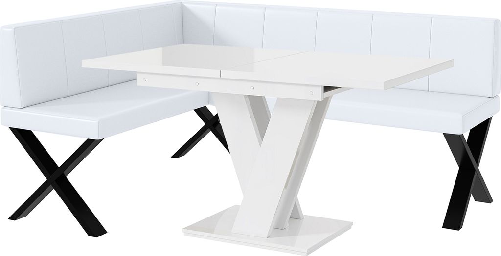 MEBLINI Eckbank für Esszimmer mit ausziehbarem Tisch - Küchenbank - Essecke - Sitzecke Küche - PETER - X-Beine 128x168x87cm Links - Weiß Kunstl...