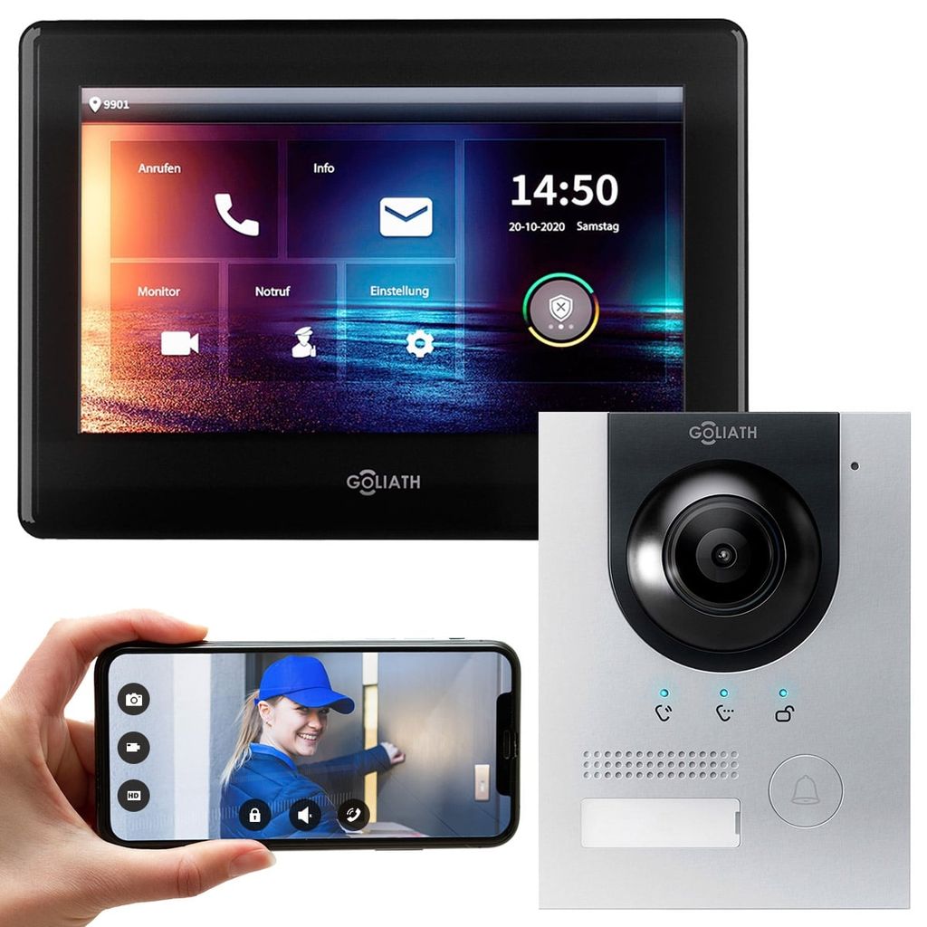 GOLIATH IP Aufputz Video Türsprechanlage Set für 1 Familienhaus (Silber 180° Türstation, 7" Touchscreen Monitor Schwarz, App)