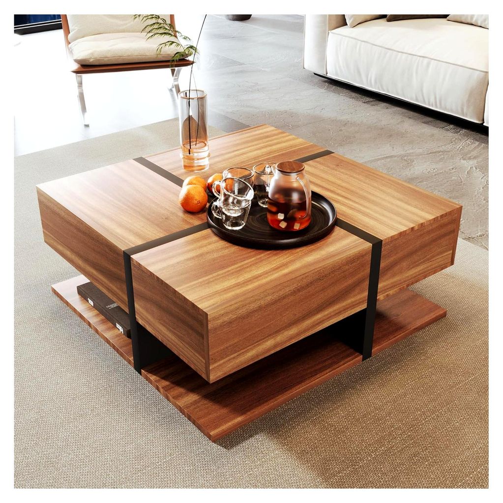 Hochglanz Couchtisch mit 4 Schubladen, einzigartige Farbabstimmung und Liniendesign, Stauraum unten, 80x80cm
