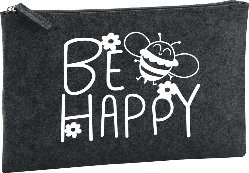 Huuraa Kulturbeutel Be Happy Biene Geschenk 1 Liter Filz Charcoal Kosmetiktasche Be Happy Geschenkidee