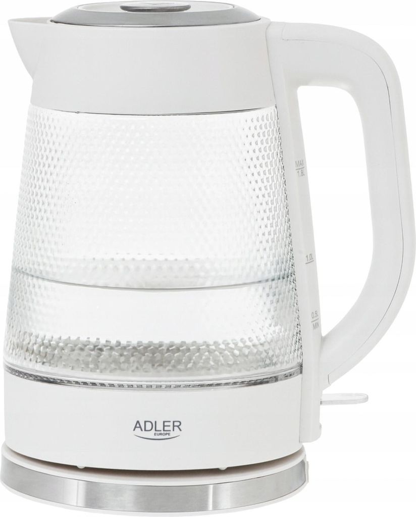 A white electric kettle with a glass body is shown against a white background.