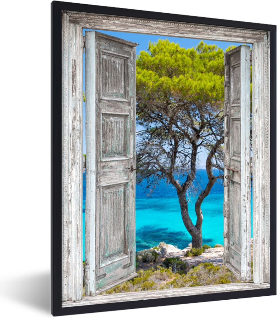 MuchoWow Gerahmtes Poster Baum - Tropisch - Meer - Blick - Strand 30x40 cm - Poster mit Schwarzem Bilderrahmen Wandposter Rahmen Foto Bilder - Wa...