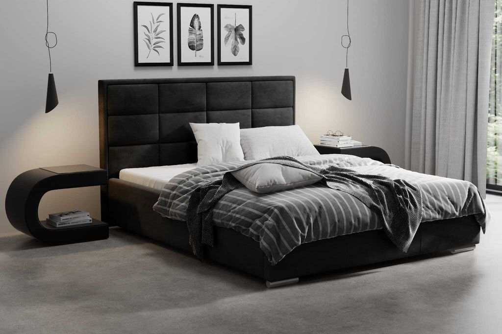 AGMAT Polsterbett VIGO mit Kopfteil, 140 x 200 cm, Doppelbett mit Bettkasten und Lattenrost aus Metall, Velourstoff: Schwarz