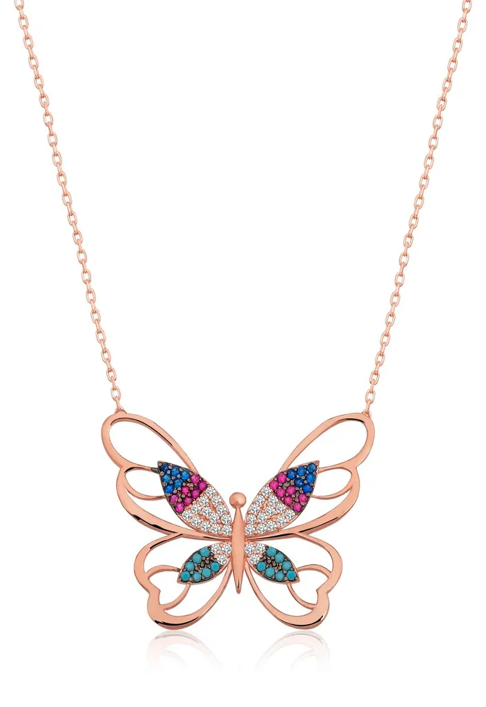 Collier papillon argent zircons arc-en-ciel et maille dorée rose 42cm