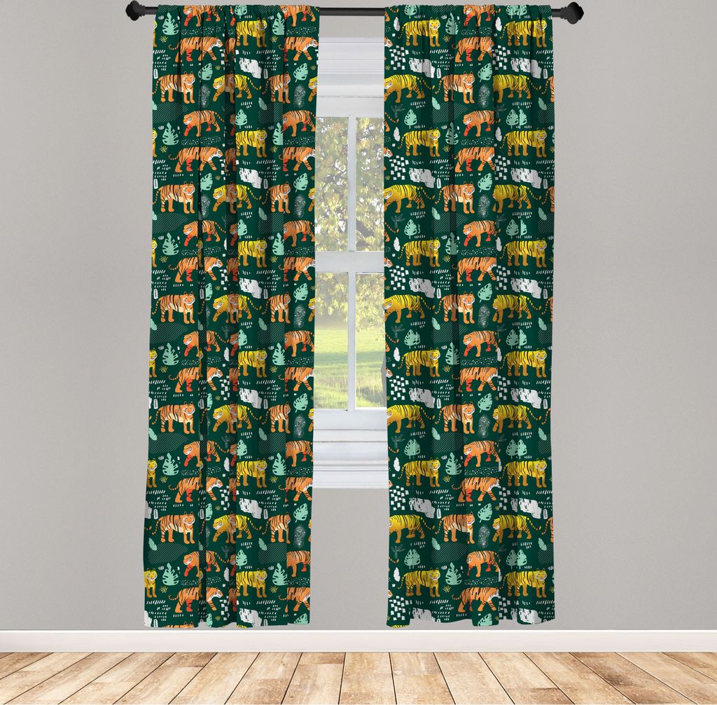 ABAKUHAUS Tigers Vorhänge, Gardinen, Wildlife Interpretation der Dschungel-Tiere, 2 Stück 75 x 175 cm, , Jägergrün Mehrfarbig