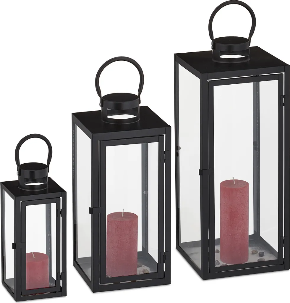 Lanternes en Métal Noir avec Verre - Design Moderne et Set de 3 Pièces