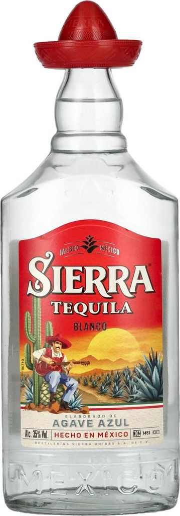 A bottle of Sierra Tequila Blanco with a sombrero cap.