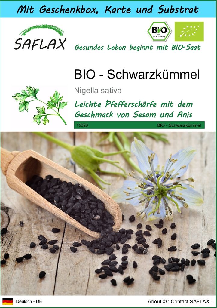 SAFLAX - Geschenk Set - BIO - Schwarzkümmel - 300 Samen - Mit Geschenk- / Versandbox, Versandaufkleber, Geschenkkarte und Anzuchtsubstrat - Nigell...