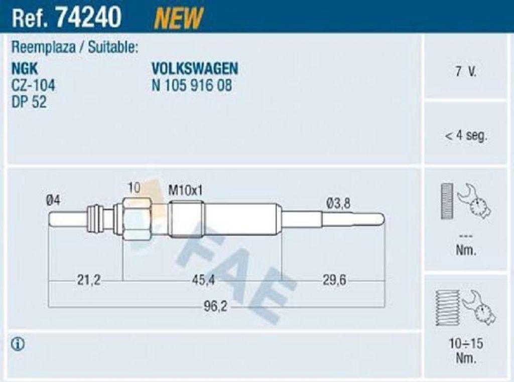 FAE 74240 Diesel Glühkerze für VW POLO (9N) M10x1
