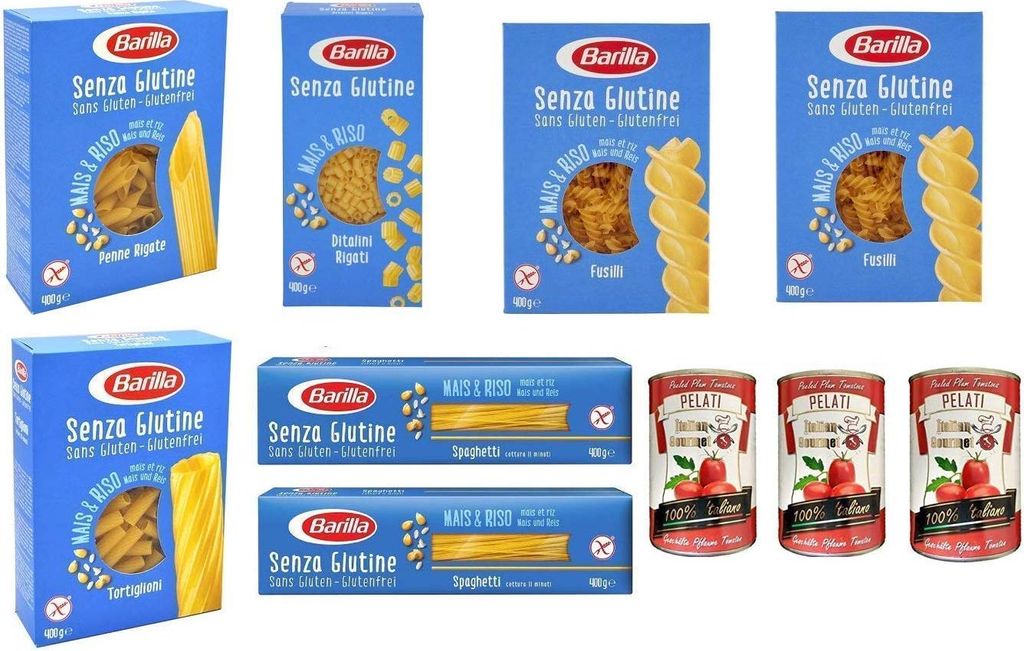 TESTPAKET Barilla senza Glutine Glutenfrei pasta nudeln 7 x 400G + Italian Gourmet 100% italienische geschälte Tomaten dosen 3x 400g