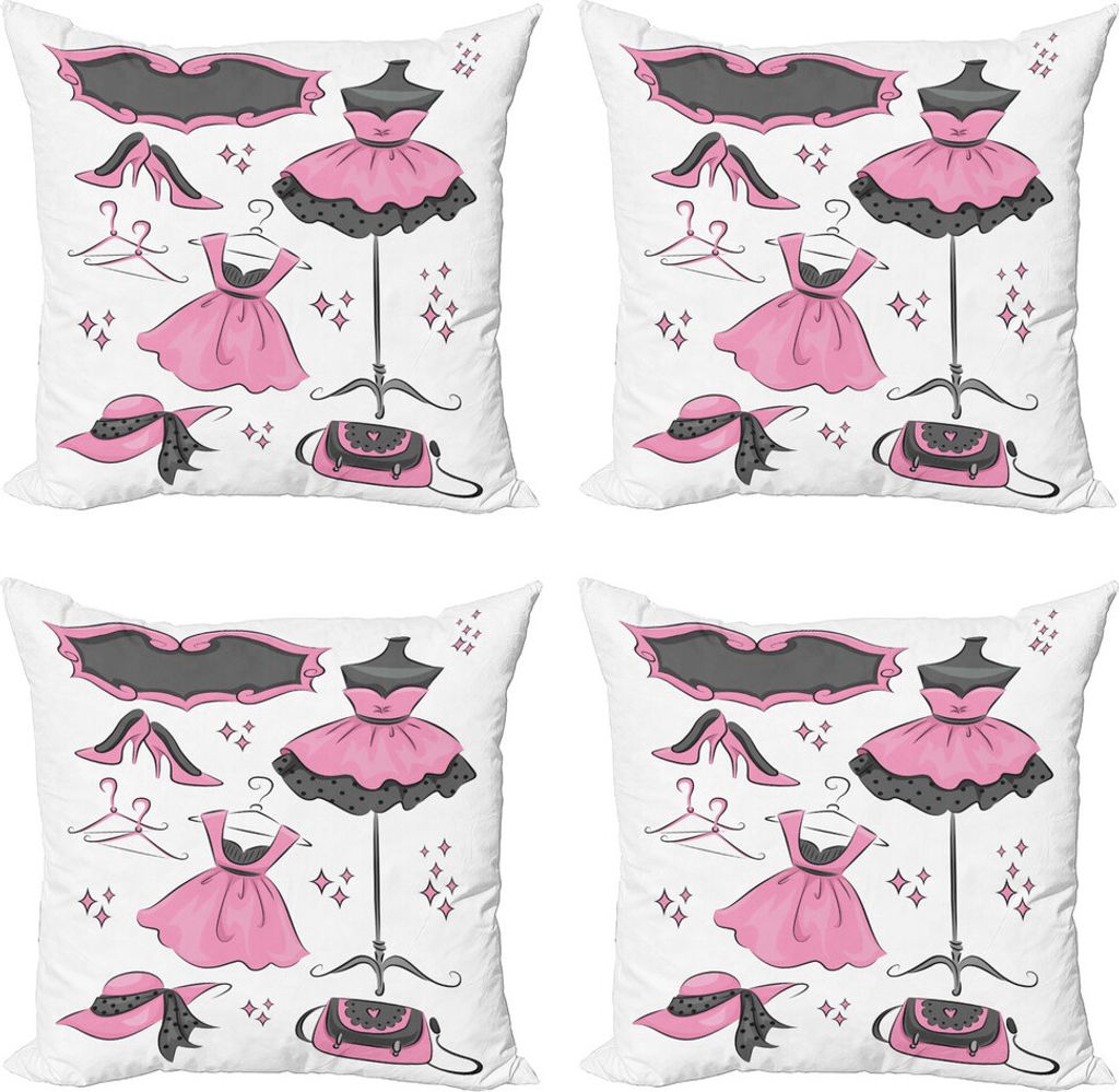 ABAKUHAUS Heels und Kleider Kissenbezug Set (4 Stück), Cartoon-Stil, Moderner Doppelseitiger Digitaldruck, 45 cm x 45 cm, Grau Baby-Rosa-Weiß