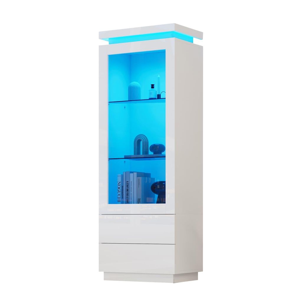 Vitrine,Hochschrank mit 2 Schubladen,Hochglanz Hochschrank Glasvitrine mit LED,Standregal Schrank Vitrine,Wohnzimmerschrank mit Glastüren+Klapptür