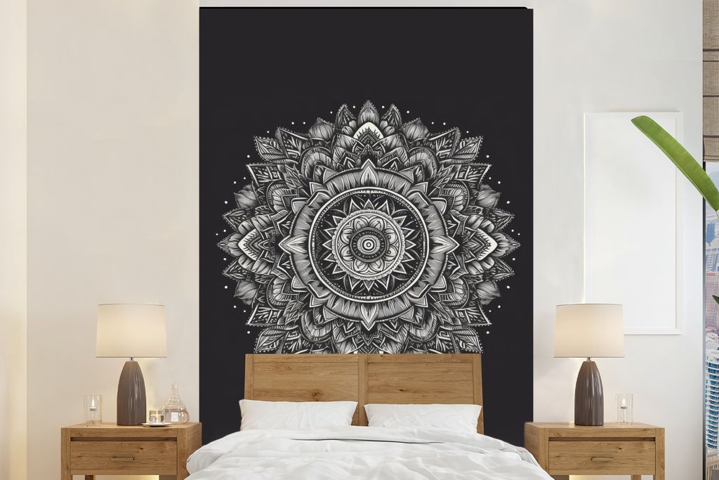 MuchoWow Fototapete für Wohnzimmer oder Schlafzimmer Wandtapete Vinyl Motivtapete Mandala - Schwarz und weiß - Blumen - Böhmisch - Natur - 180...