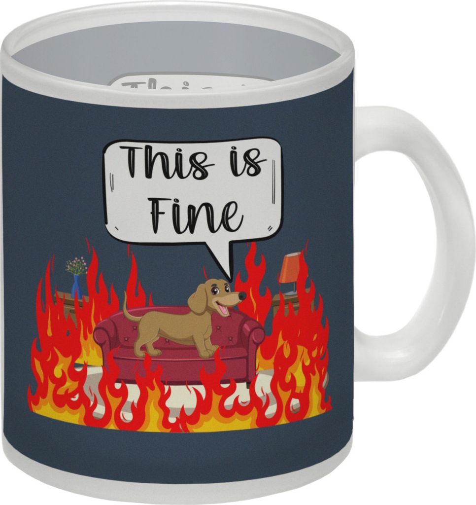 This is fine Glas Tasse in dunkelblau Hund in brennendem Wohnzimmer