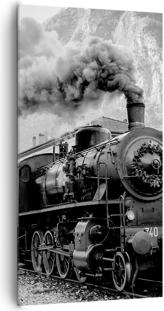 Bild auf Leinwand - Leinwandbild - Einteilig - Zug Schwarzweiß Rauch - 65x120cm - Wand Bild - Wanddeko - Wandbilder - Leinwanddruck - Bilder - Wan...