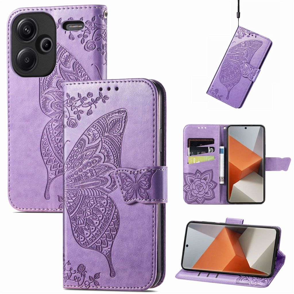 Für Xiaomi Redmi Note 13 Pro Plus Kunstleder Wallet Handy Tasche Schmetterling Design Schutz Hülle Hell-Lila