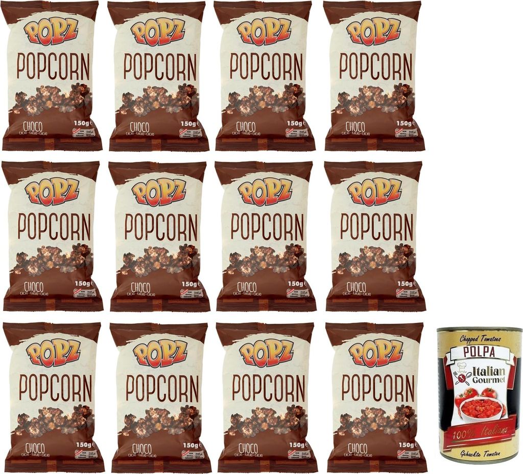 12x Popz Popcorn Choco Cacao,Karamellisiertes Popcorn mit Kakao Butter Karamell (73%),Kakao (4%),Beutel mit 150g + Italian Gourmet Polpa di Pomodor...