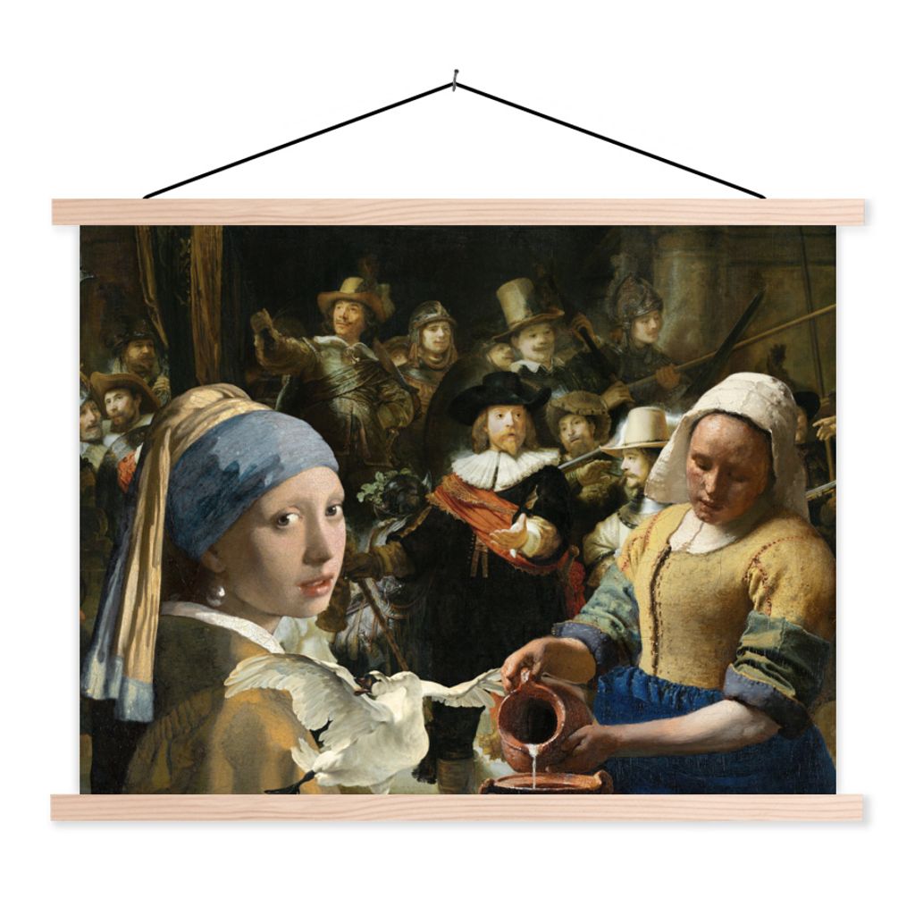 MuchoWow Textilposter Kunst - Alte Meister - Collage 150x113 cm mit holzfarbenen Rahmen - Poster