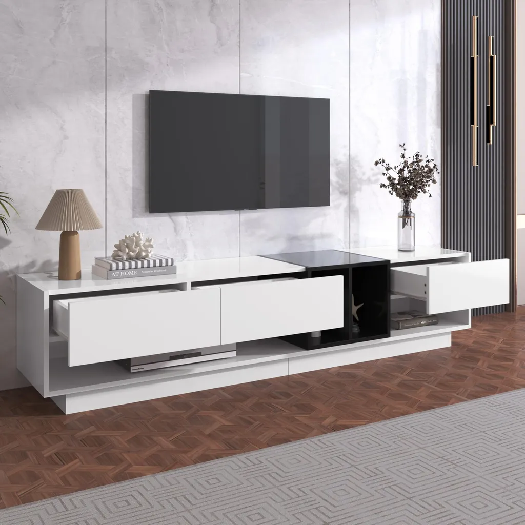 Meuble Télé 190x40x42 cm Blanc et Noir avec Multiples Rangements Chic