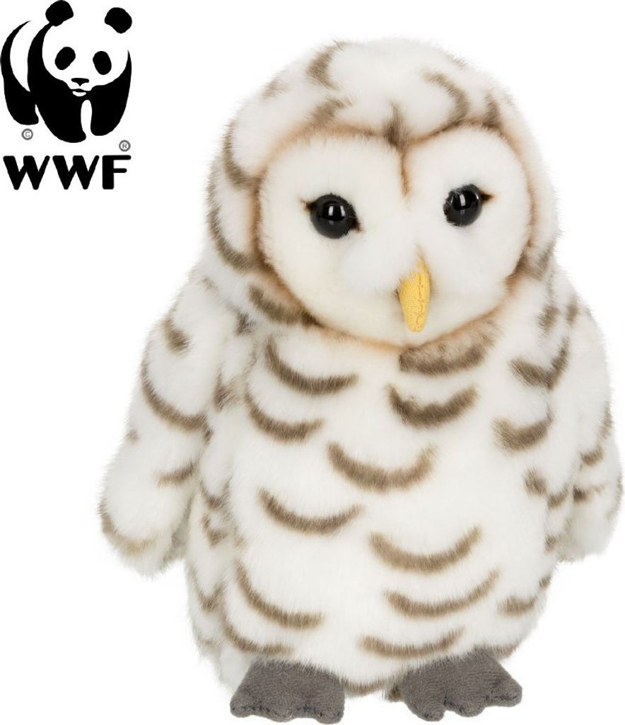 A plush toy owl with WWF branding.