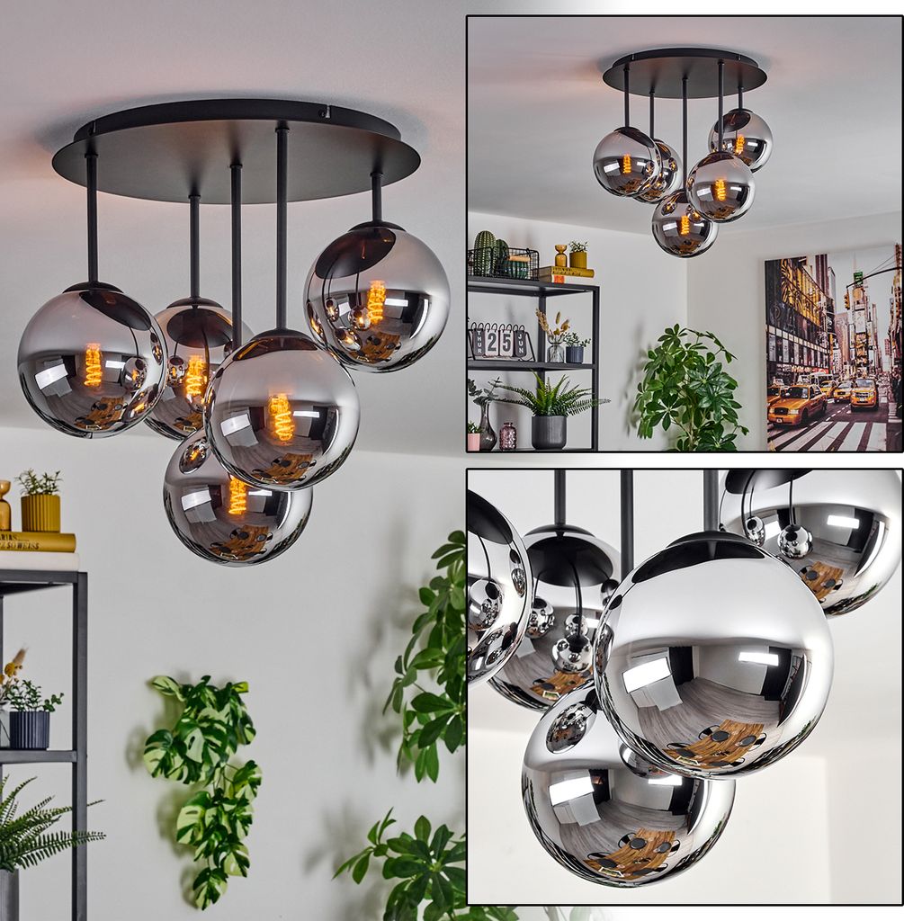 Fossobiubo 5-flammige Deckenlampe aus Metall/Glas in Schwarz/Chrom-/Rauchfarben