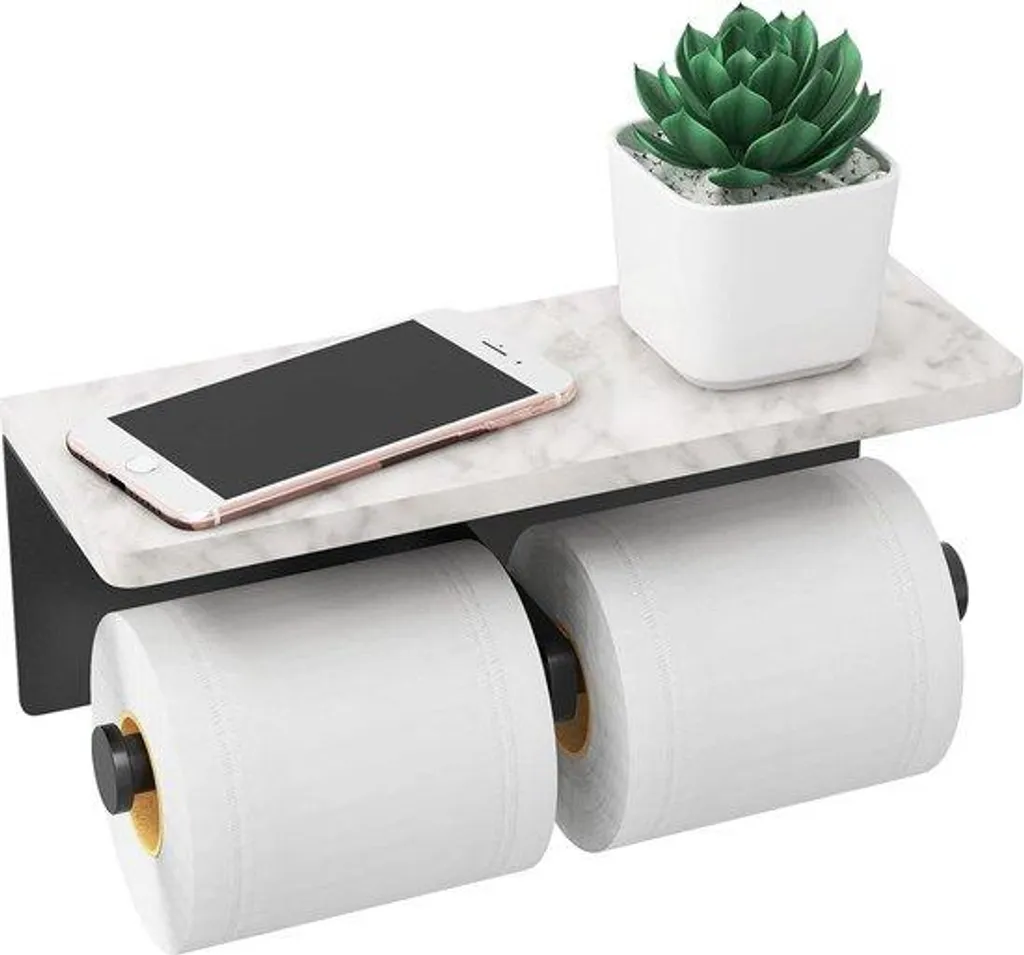 Porte-rouleau papier toilette avec plateau en marbre et bois noir chic