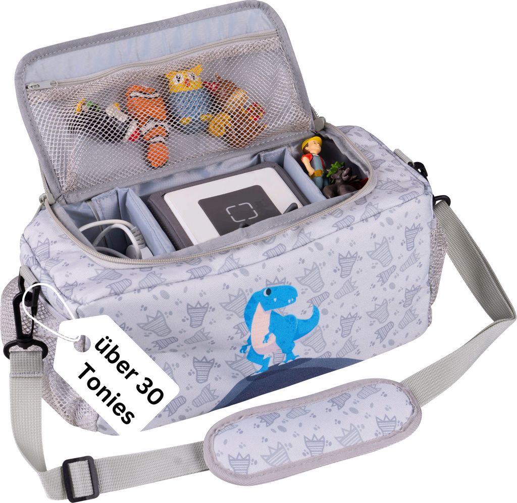 Toniebox Tasche für 30 Hörfiguren - Ideale Aufbewahrung - Tasche XXL - Ausreichend Platz für Toniebox, Hörfiguren, Ladekabel und Kopfhörer, Dino